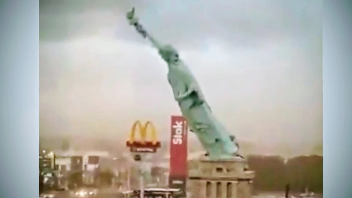 statue of liberty replica toppels in heavy strom in brazil