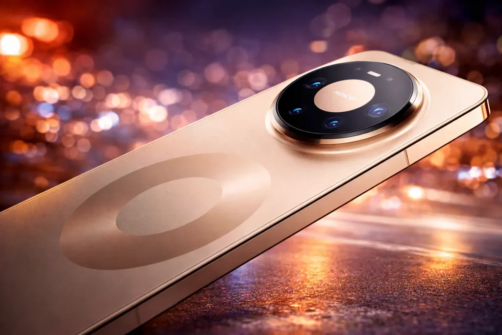 Huawei Mate 80 Pro global launch teaser showing dual space ring camera design in gold color