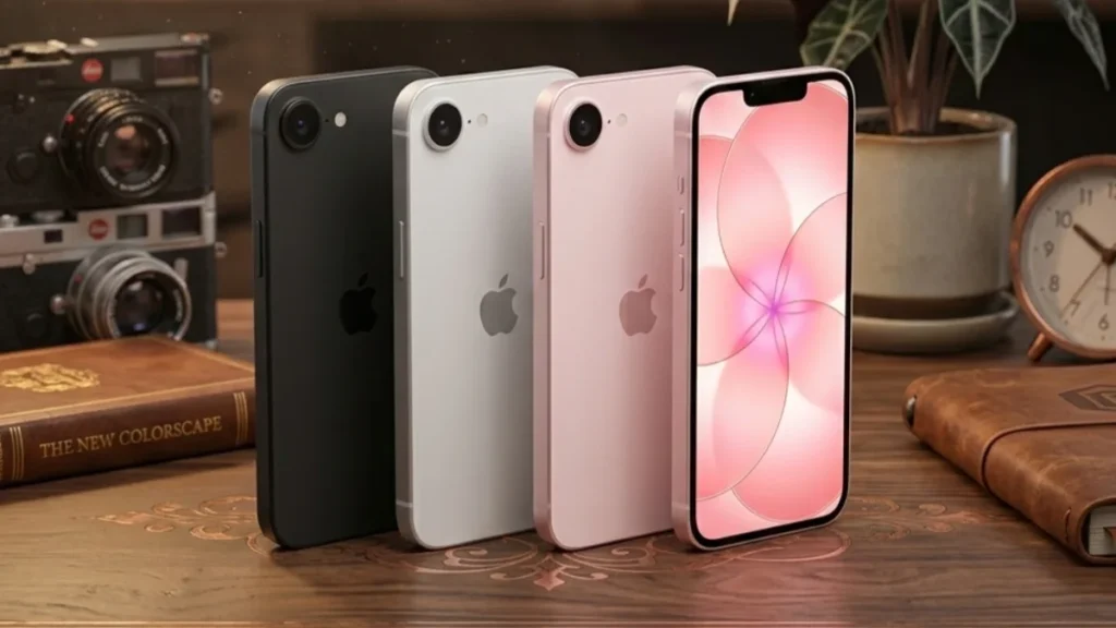 Front and back view of iPhone 17e showing 6.1-inch OLED display and dual camera design