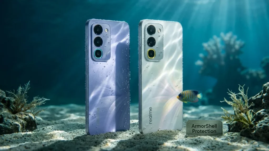 Realme C100 4G with 8000mAh battery showcasing camera module.