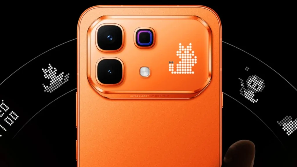 Infinix Note 60 Pro showing Active Matrix LED rear display and Solar Orange color