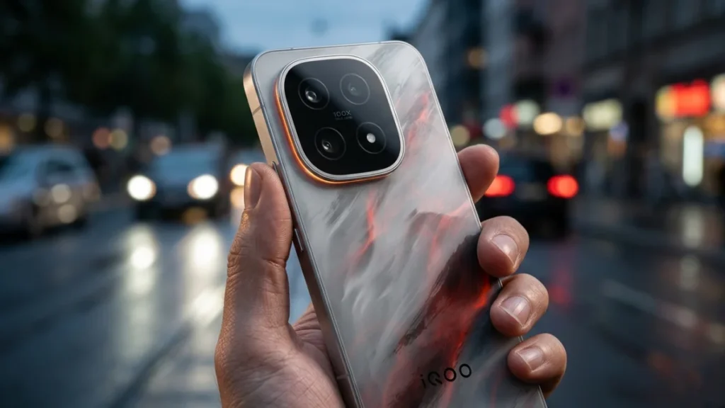 iQOO 15 Apex color variant with grey and red pattern back panel and flat metal frame