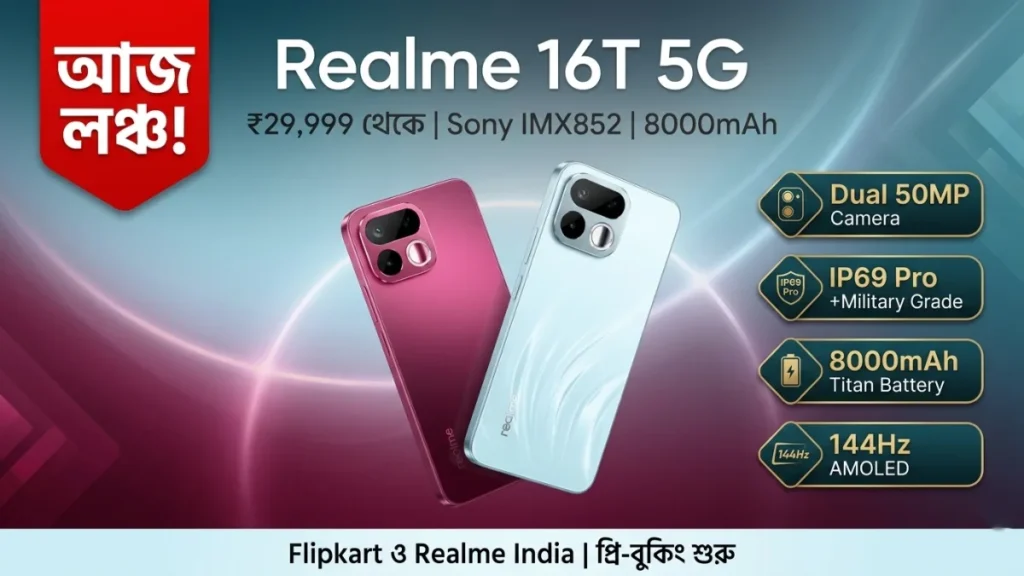 Realme 16T 5G India Launch ₹29,999 — Sony IMX852 8000mAh Titan Battery IP69 Pro 144Hz লঞ্চ