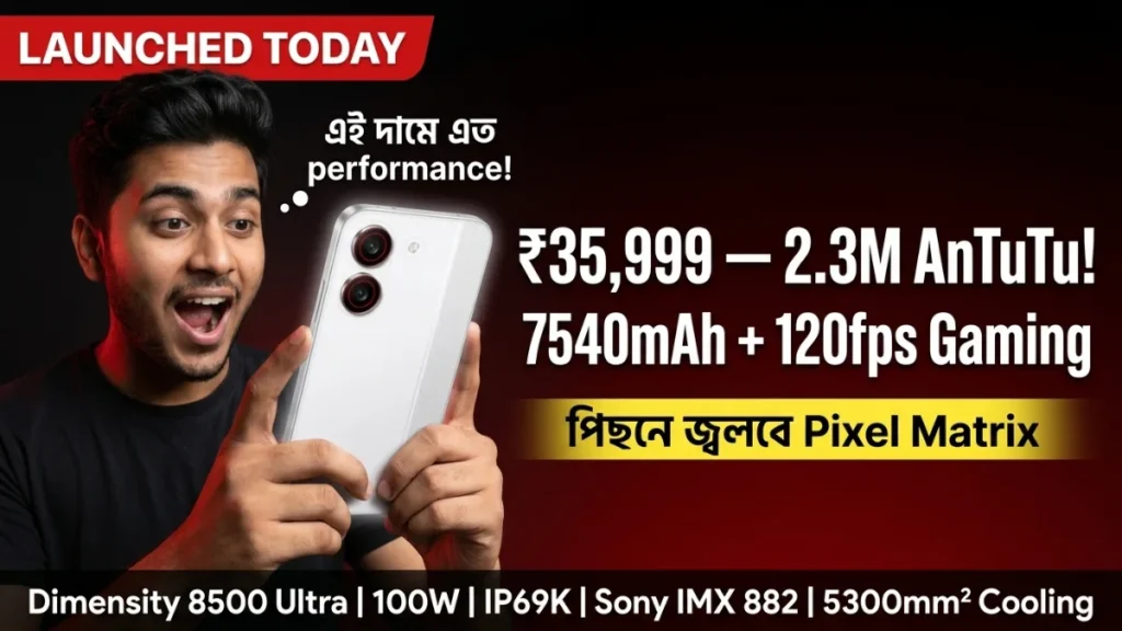 Redmi Turbo 5 launch India ₹35,999 2.3M AnTuTu Dimensity 8500 Ultra 120fps gaming 7540mAh 100W Sony IMX 882 IP69K Redmi Pixel Matrix 3500 nits Turbo White Nitro