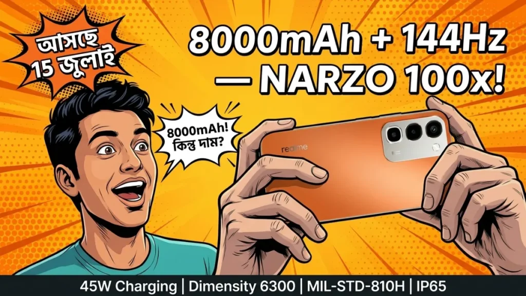 realme NARZO 100x 5G launch India 15 July 8000mAh battery 144Hz 1200nits display 45W charging Dimensity 6300 MIL-STD-810H IP65 AI Pulse Light